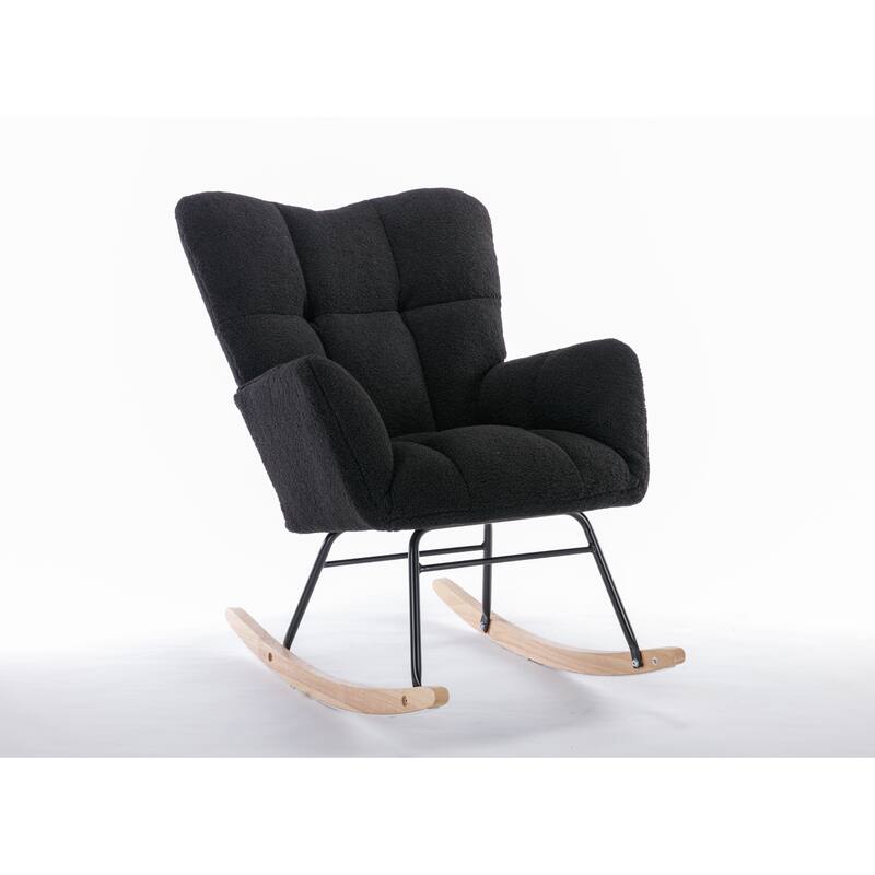 Teddy Fabric Upholstered Glider Rocker, Reading Chair with Thick Padded Seat, High Backrest Armchair with Wooden Legs