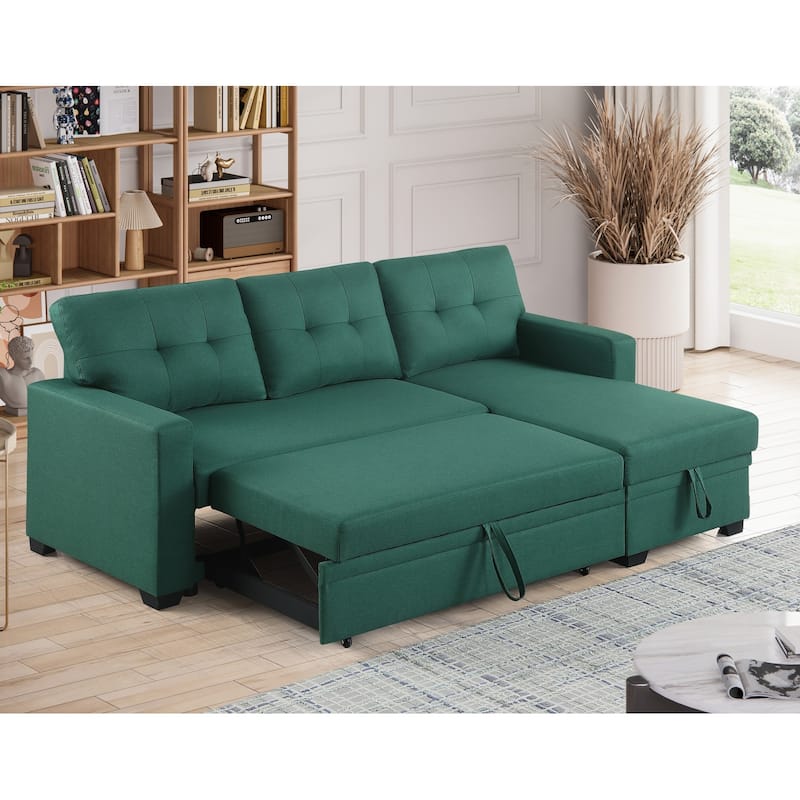Pull-out Upholstered Sectional Sofa with Storage Chaise & Removable Cushions