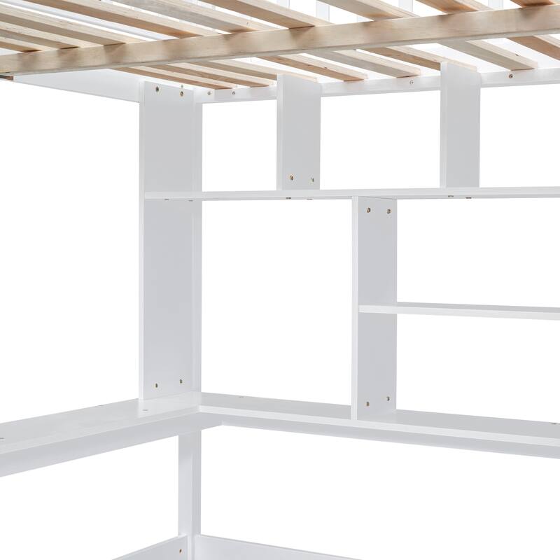 Full Size Loft Bed with Bookshelf, Drawers, Desk, and Wardrobe in White