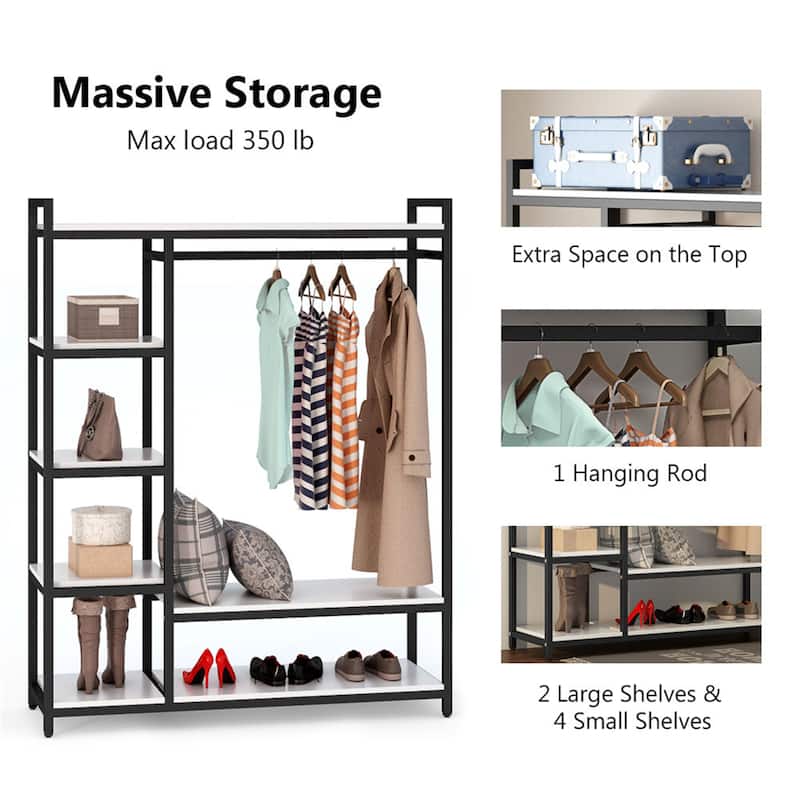 Brown/ Black Wood Industrial Clothing rack with shelves, 5-Tier Clothes Garment Rack Closet Organizer System with Hanging Rod