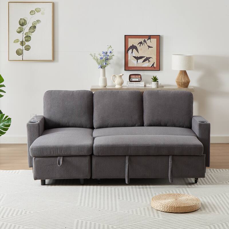 Modern Corduroy Reversible Sleeper Sofa Bed with Pullout Bed, L-Shaped Combo Sofa for Tight Spaces, Living Room, and Office