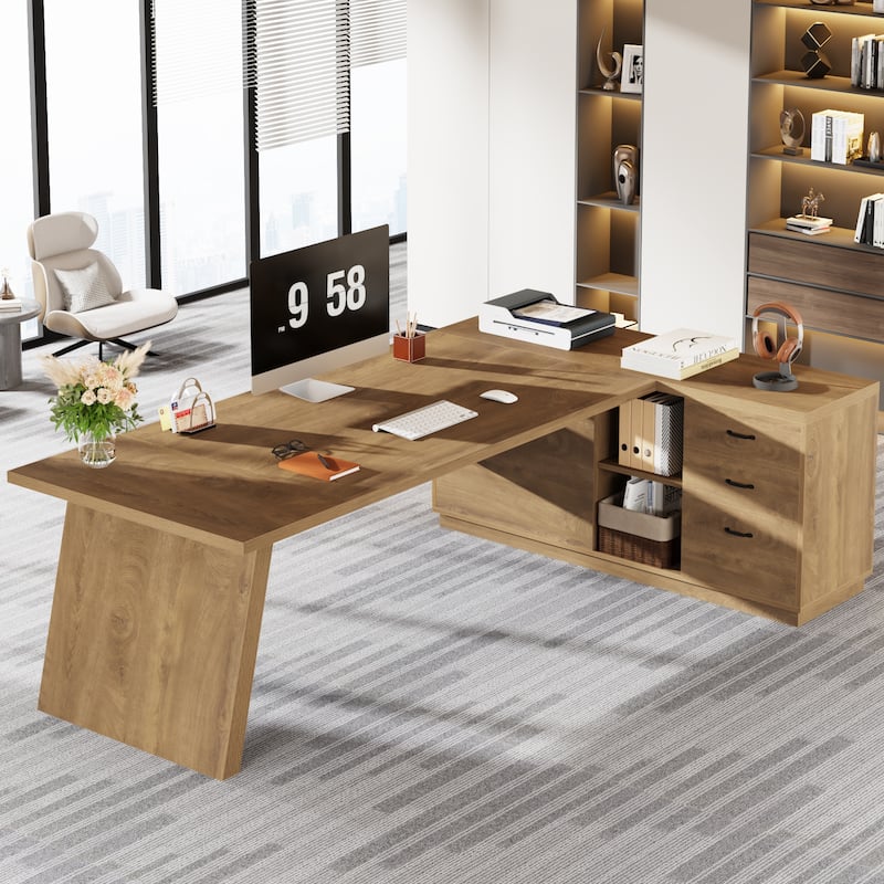 78.7-Inch L-Shaped Executive Desk Computer Desk with File Cabinet