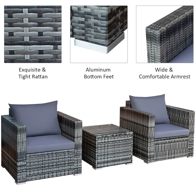 Costway 3 PCS Patio Rattan Furniture Bistro Set Cushioned Sofa Chair - See Details
