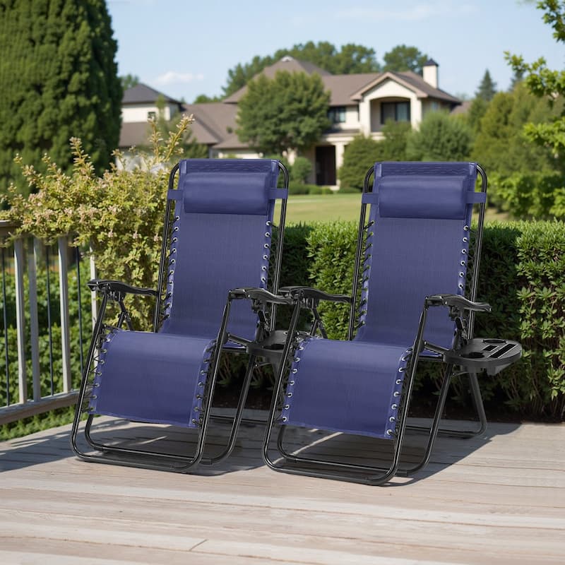 Outdoor Zero Cravity Folding Chair Set of 2 with Pillow & Cup Holder for Pool Beach, Navy Blue