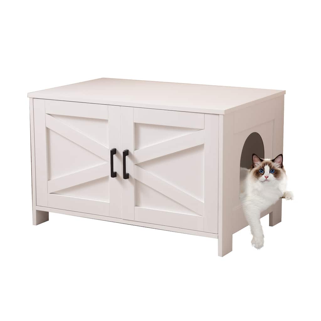 Cat Litter Box Enclosure, Litter Box Furniture Hidden with Barn Door,Wooden Cat Washroom Furniture, Cat House,End Table
