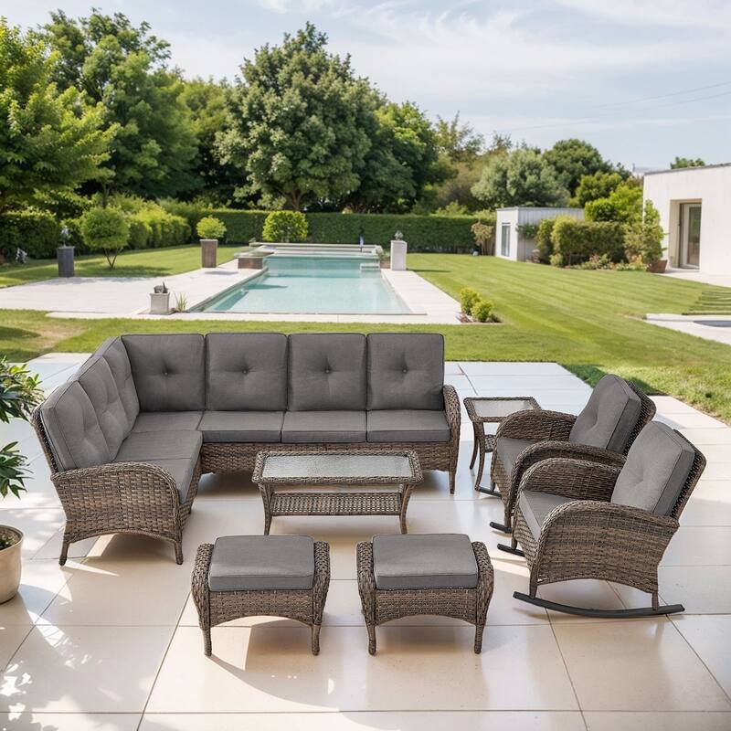Gymojoy L-Shaped Outdoor Sectional Sofa Set, PE Wicker Couch with Water-Resistant Olefin Cushions - 7-Piece included Rocking Chairs - Grey