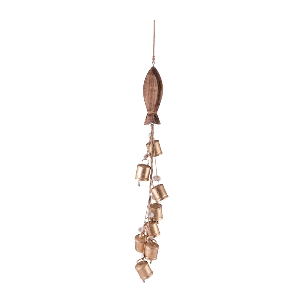 28" Metal and Wood Wind Chimes Contemporary Rustic Brown and Gold Fish Outdoor Wind Chime Bells Peaceful Home or - 3" x 2" x 28"