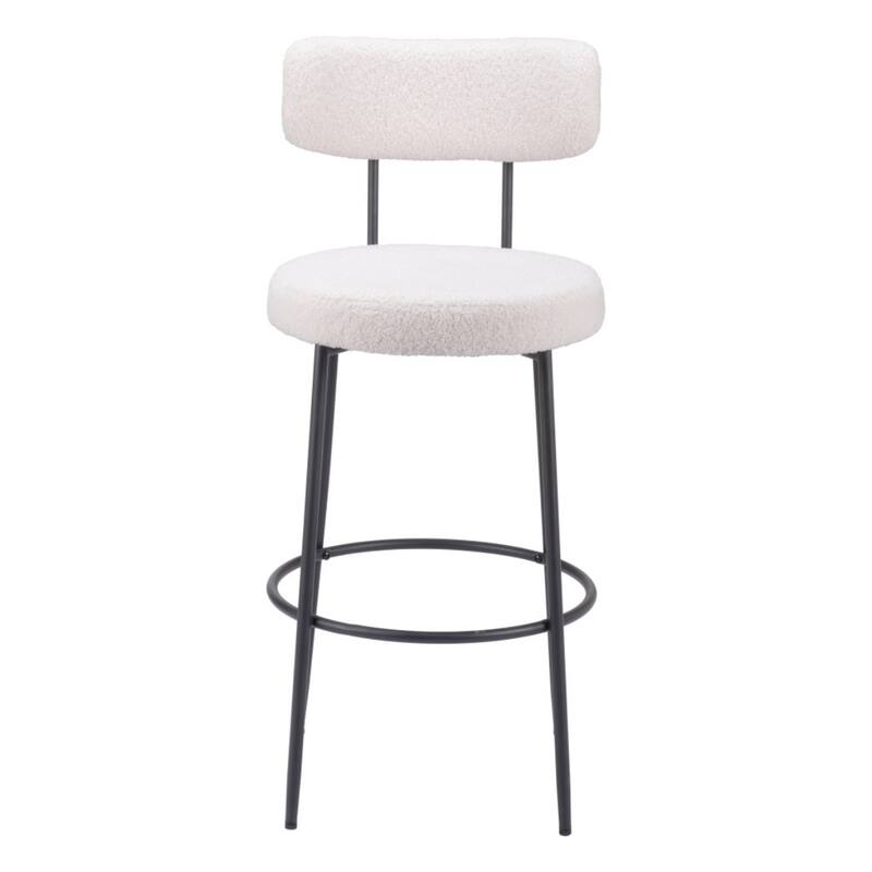 Modern Low Back Bar Stools Set of 2 Round Shearling Seats with Footrest and Powder Coated Frame - 40.9”H x 18.5”W x 21.3”D