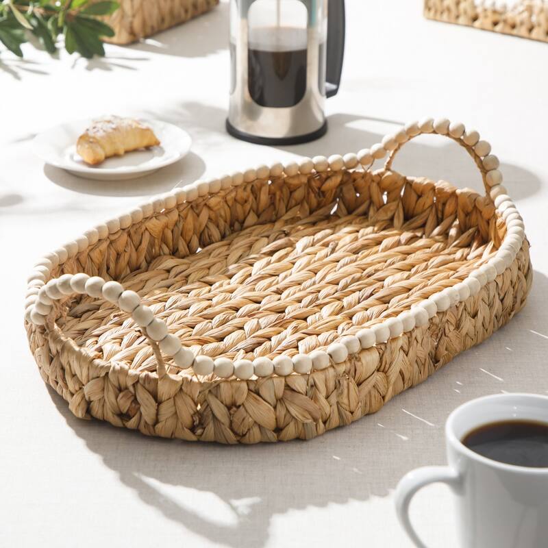 Gibson Home 17-Inch Woven Decorative Serving Tray - Large Natural Water Hyacinth Basket with Wood-Bead Trim and Handles