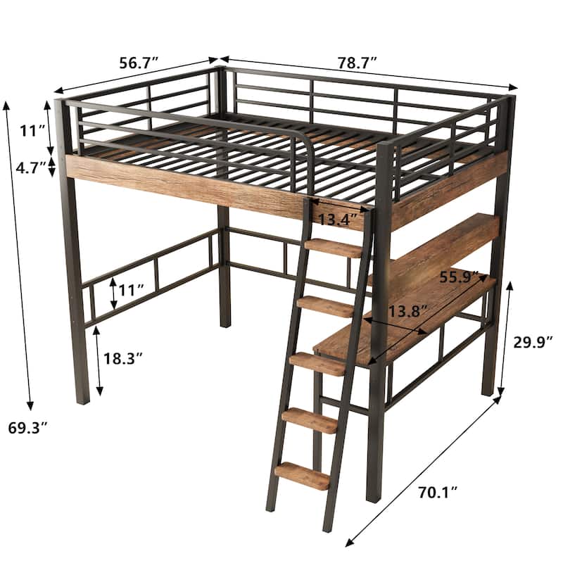 Metal Full Size Loft Bed with Built-in Desk