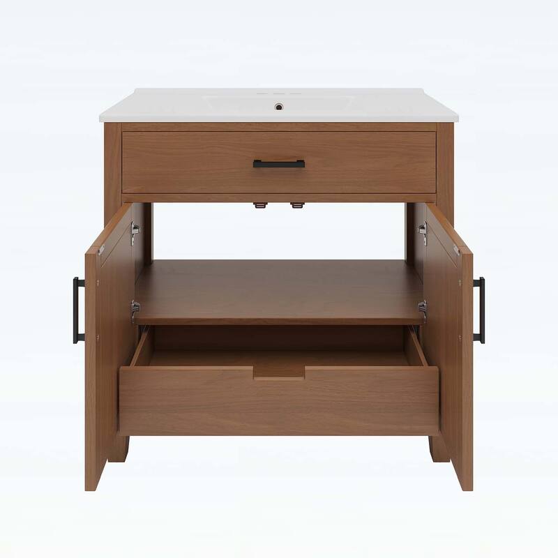 36 Inch Rattan Bathroom Vanity with Ceramic Sink,Modern Design with 2 Soft Close Doors and 3 Drawers