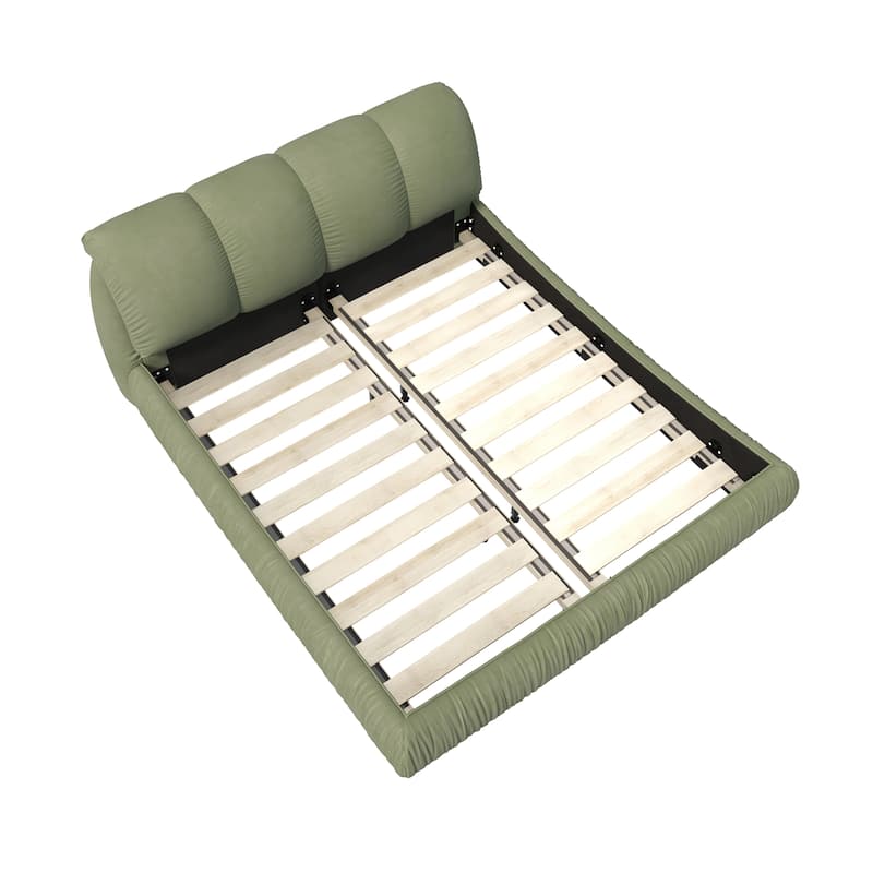 Green Queen Size Luxury Upholstered Platform Bed with Oversized Padded Backrest and Solid Wood Frame