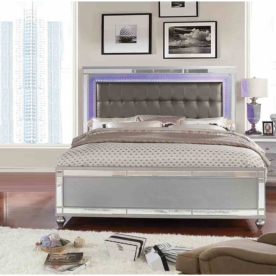 Modern 1pc LED Silver Finish Button Tufted Headboard Bed