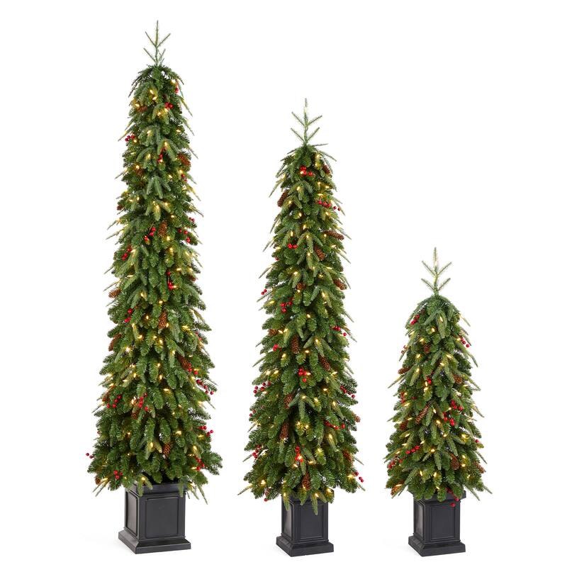 3 Piece 4ft&6ft&7ft Pre-lit Artificial Christmas Tree with Red Berries, Pinecones and LED Lights Porch Decor by Glitzhome