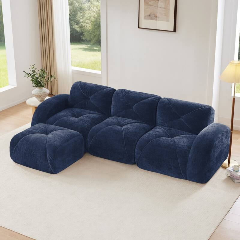 110.6" L-Shaped Velvet Sectional Boneless Sofa with Movable Ottoman - Blue