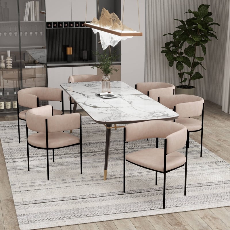 Cyril Modern U-Shaped Velvet, Fabric, or Leather Upholstered Accent Dining Chair with Open-Back and Black Iron Legs (Set of 4)