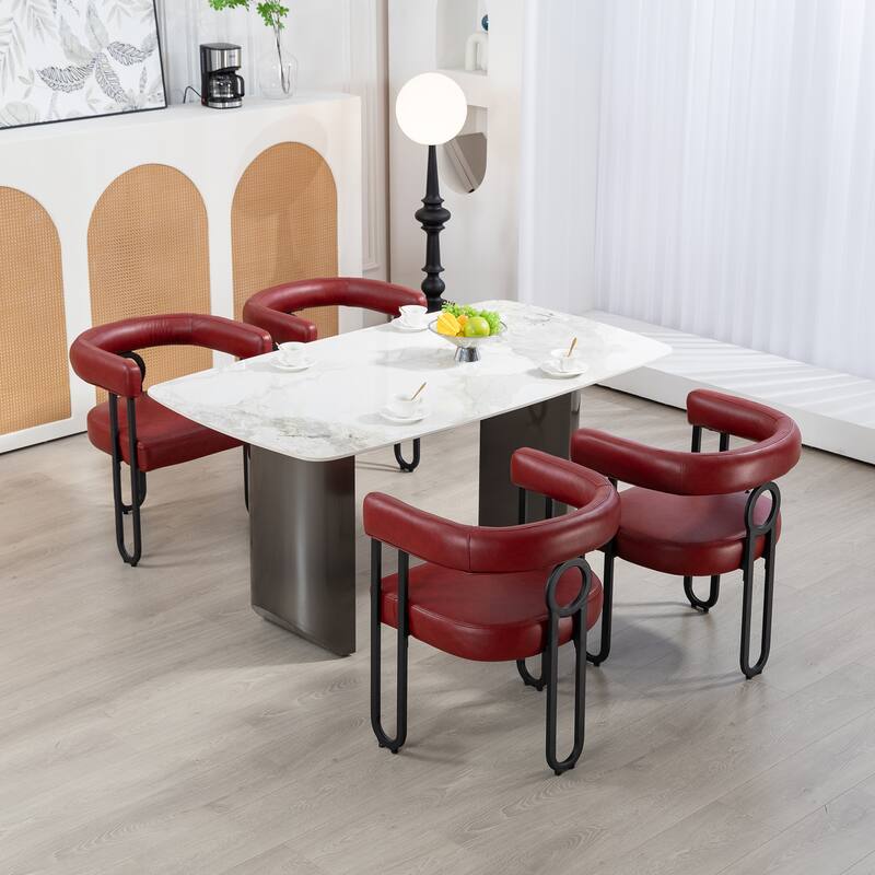 Wine Red PU Upholstered Accent Chair Dining Chair Barrel Side Chairs Kitchen Armchair for Living Room Dressing Room Set of 4