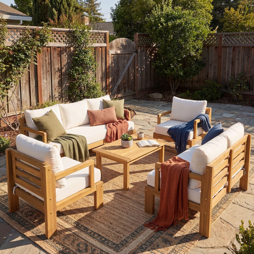 Christopher Knight Home - Modern 3-Piece Acacia Wood Outdoor Sectional Set with 3-Seater Sofa, Loveseat & Coffee Table