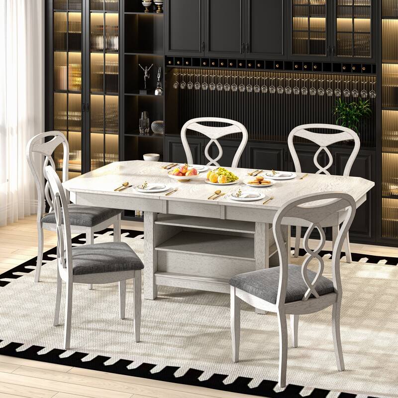 VECELO 4 to 6 Rubber Wood Extendable Dining Set with Fish Cutout Chairs with Dual Storage Upholstered Seat
