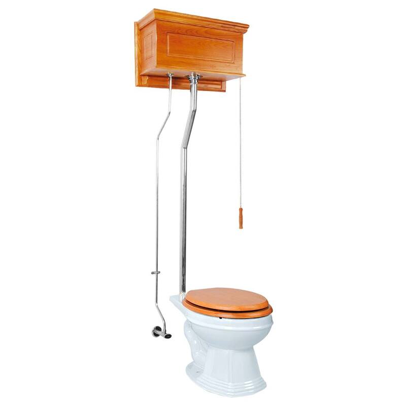 High Tank Toilet Light Oak Finish Raised White Elongated Bowl & Chrome Rear Entry Pipe Renovators Supply