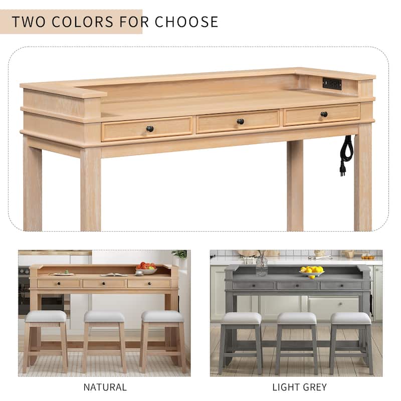 4-Piece Bar Table Dining Set for 3, 53" High Table with 3 Storage Drawers, USB Ports & 3 Upholstered Stools