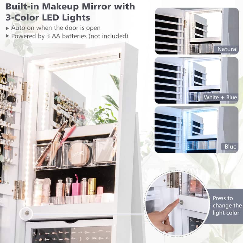 Gymax Rotating Mirrored Jewelry Cabinet with Mirror Storage Shelves