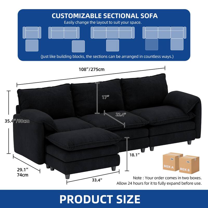 Moasis 108 Inch Velvet L Shaped Sectional Sofa with Movable Ottoman and Pillow Armrest