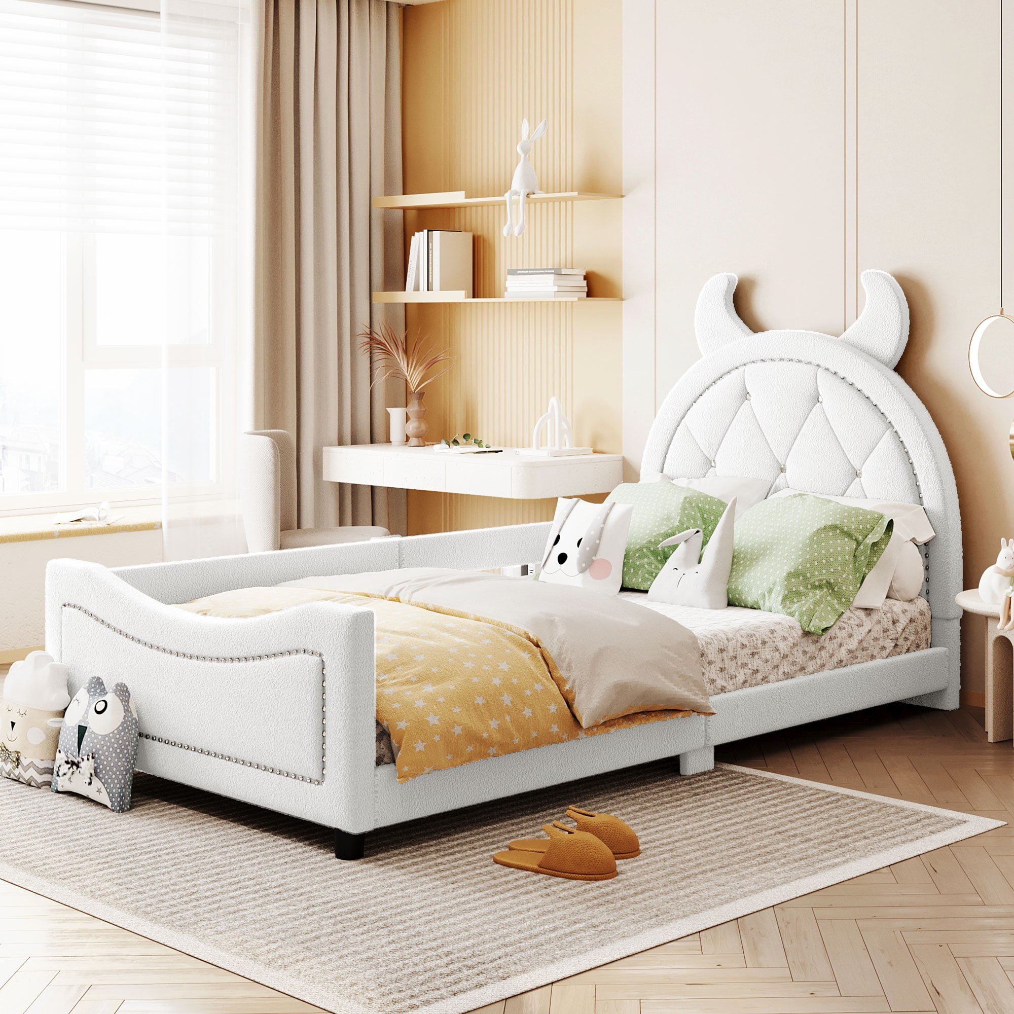 Upholstered Twin Daybed Frame for Kids Teddy Fleece Bed w OX Horn Shaped Headboard Wood Cute Bed Frames for Girls Boys White Bed Bath Beyond 39020941