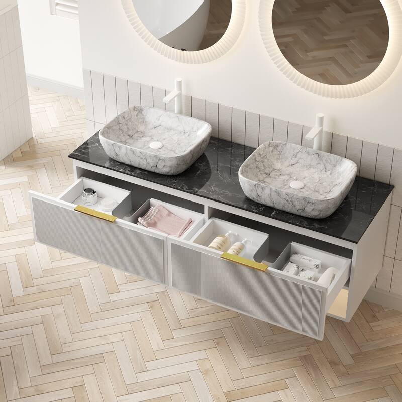 GDFStudio - Malone Floating Bathroom Vanity with Pinstripe Drawers, Open Shelf & Marble Look Ceramic Basin, WITHOUT Faucet
