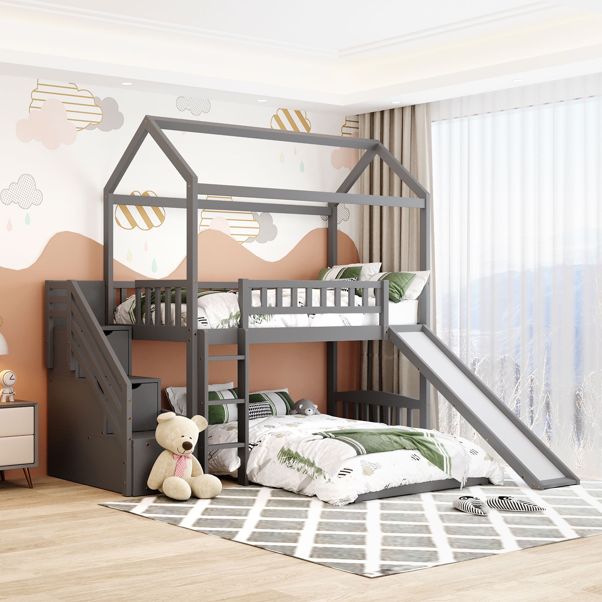 Designs Twin Over Twin Bunk Bed with Two Drawers and Slide House
