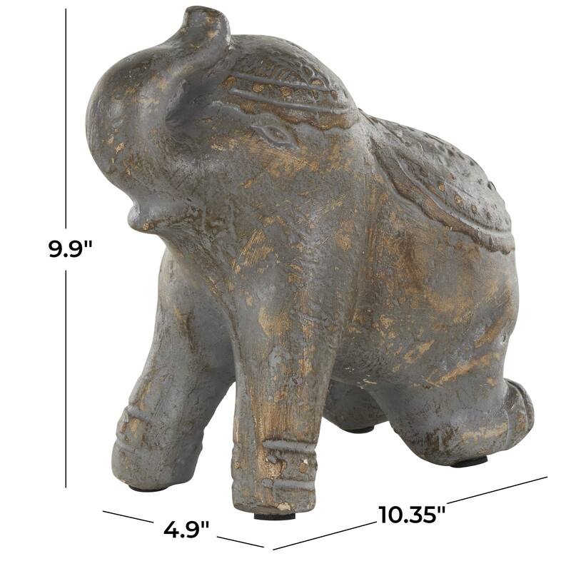 Dark Gray Paper Mache Handmade Distressed Carved Elephant Decorative Sculpture with Wood Inspired Accents