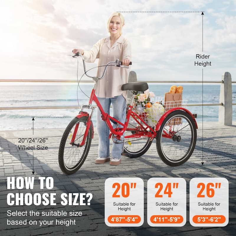 24" Adult Folding Tricycle, Carbon Steel 3-Wheel Bike for Seniors & Women - 68.5 x 29.9 x 44.9 in