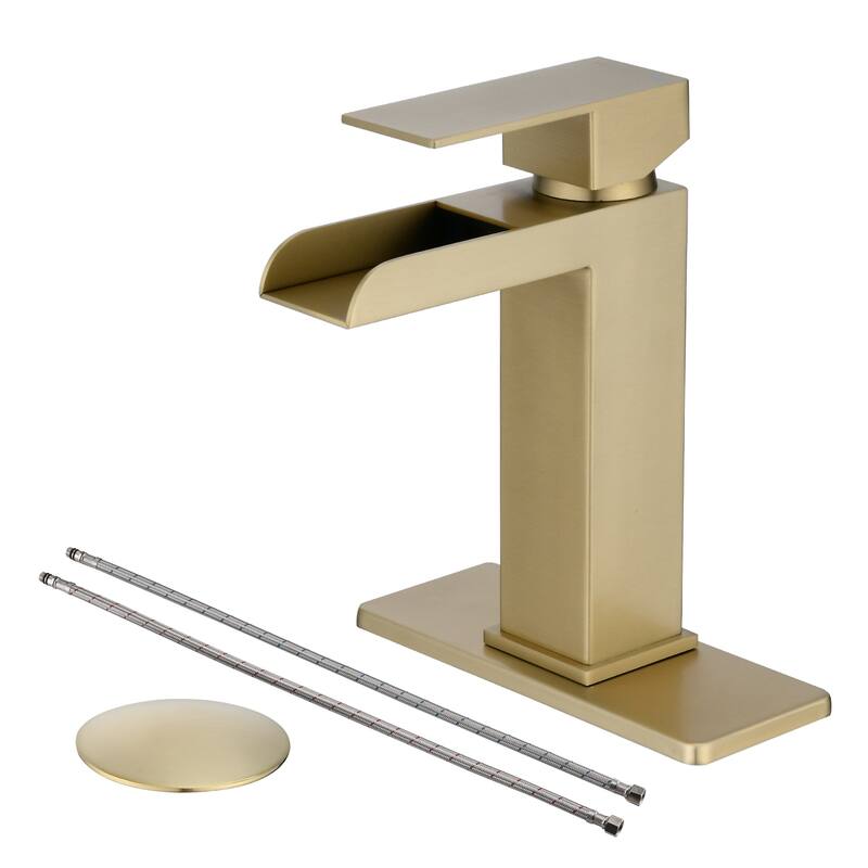 YASINU Waterfall Single Handle Bathroom Faucet with Pop-up Assembly Overflow Drain - Brushed Gold