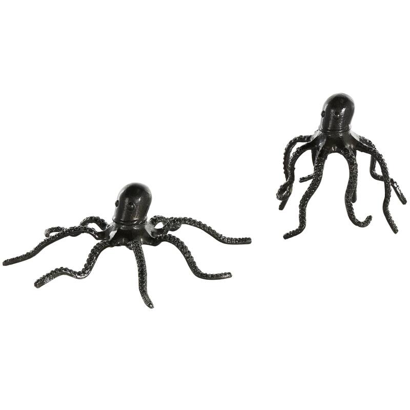 Black Aluminum Metal Octopus Decorative Sculpture with Textured Tentacles (Set of 2)