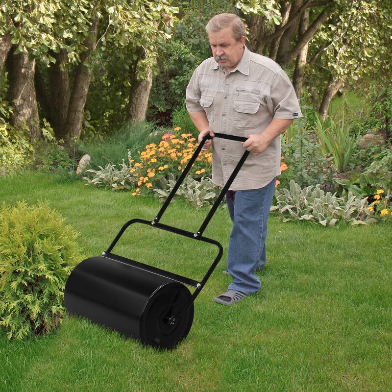 Black 10 Gallon Steel Lawn Roller with U-Handle for Even Grass and Sod Flattening - (19 x 12.6 x 43)" (L x D x H)