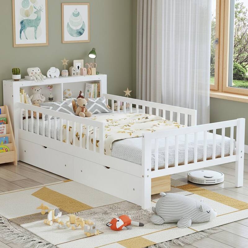 Twin Size Bed with Headboard Storage Rack by Harper&Bright Designs - White