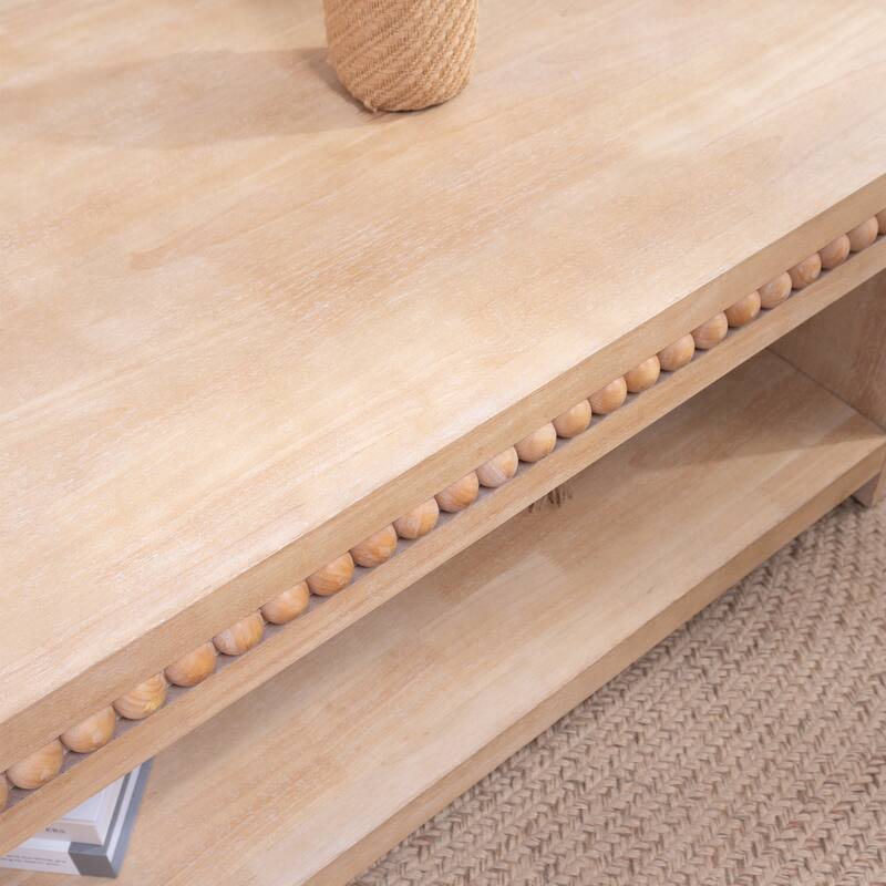 Modern Coffee Table End Table with Beaded Trim, Wood Accent Table Dining Table Centerpiece with Open Shelf Storage