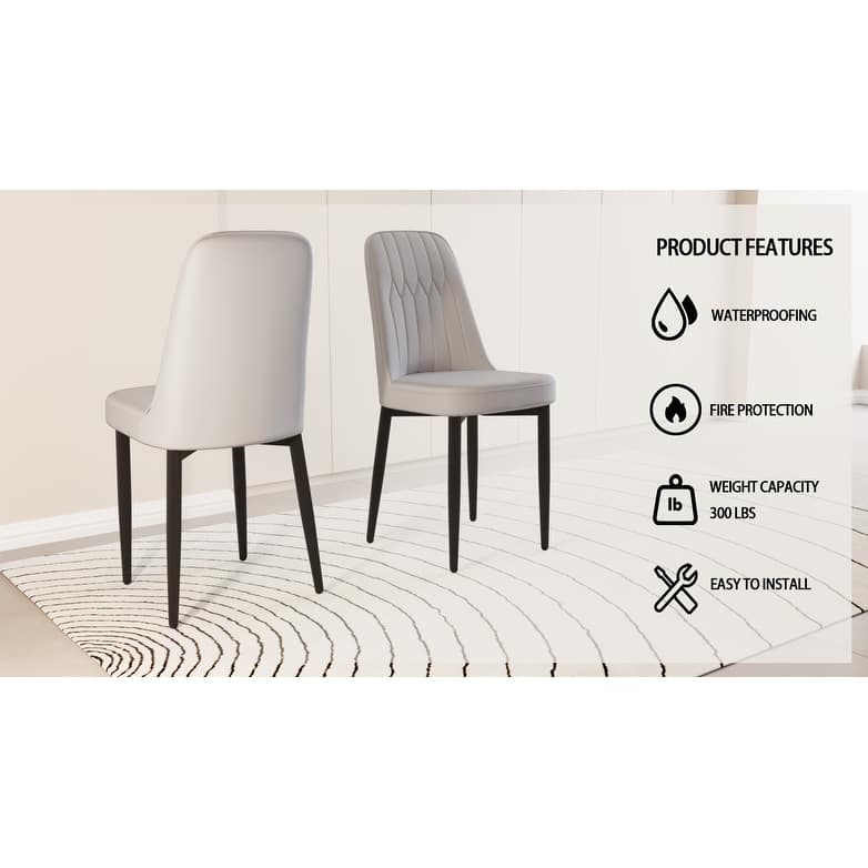 Modern Grey Dining Chair Made of High-Quality PU Leather Fabric w/ Thick Soft Cushions & Black Metal leg