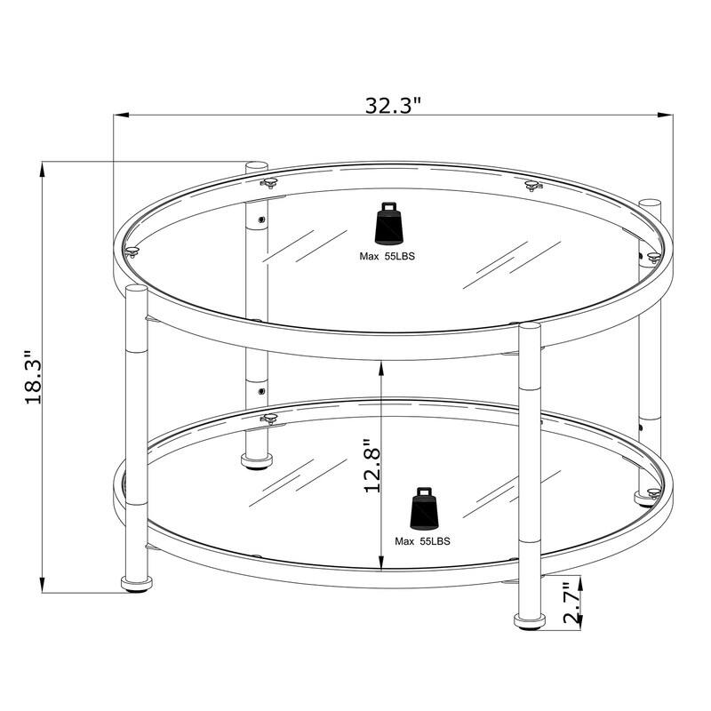 Grondin Modern Style Round 2-Tier Coffee Table Cocktail Table with Tempered Glass Top, Steel and Acrylic Frame