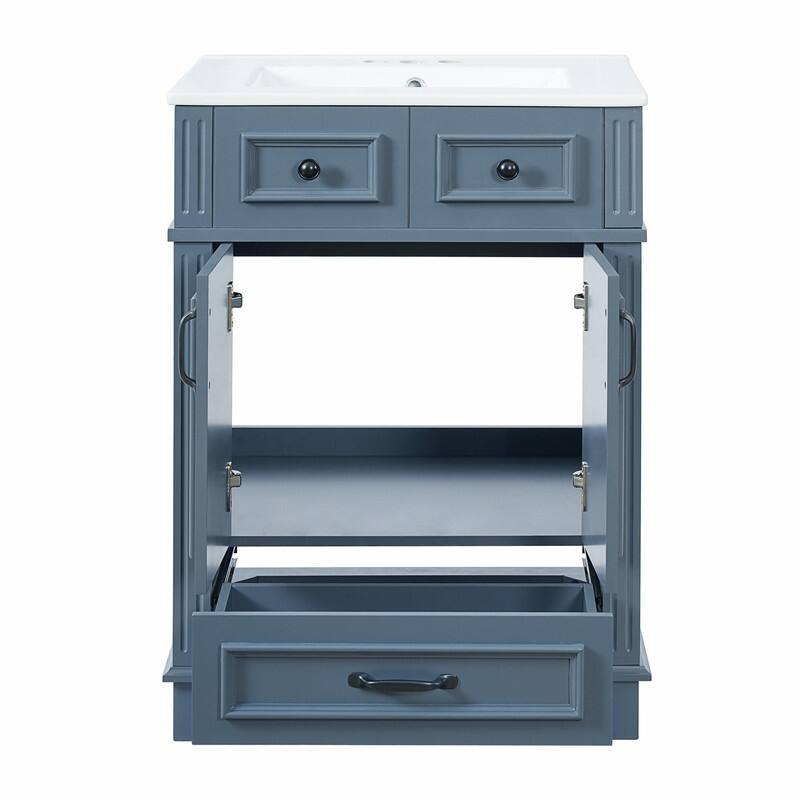 24" Solid Wood Frame Bathroom Vanity with Ceramic Sink and Soft-Close Doors