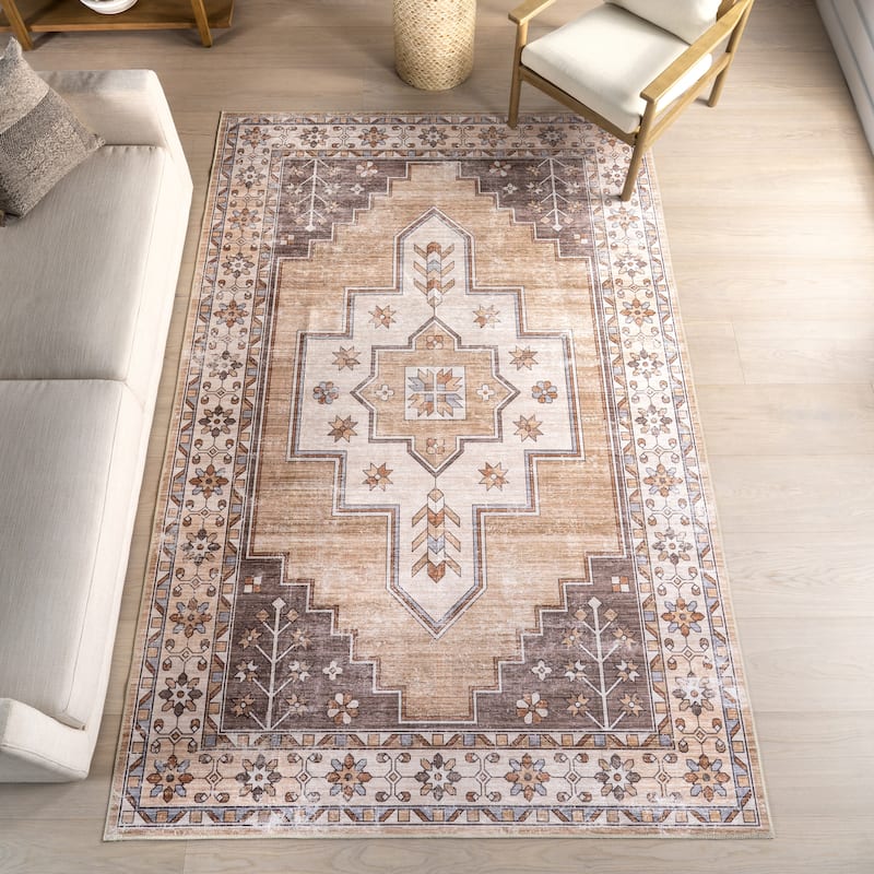 Nuloom Pavani SplashGuard Vintage Bordered Machine Washable Area Rug - 3' x 5' - Beige