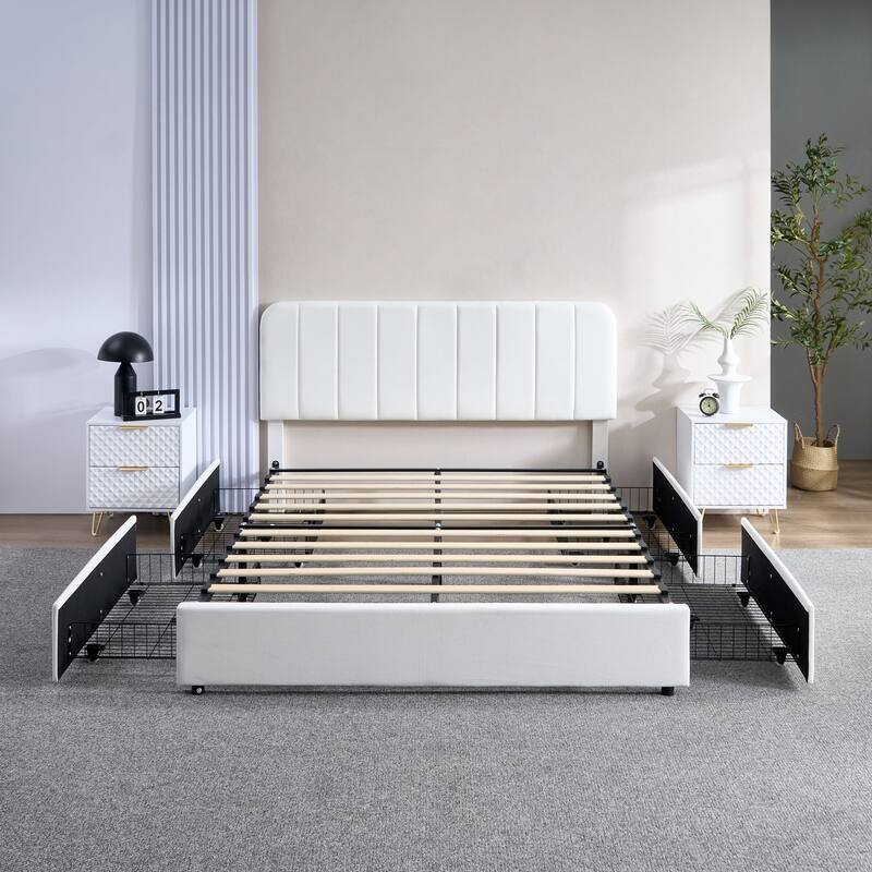 White Upholstered Platform Bed Frame with 4 Storage Drawers, Adjustable Velvet Rivets Headboard