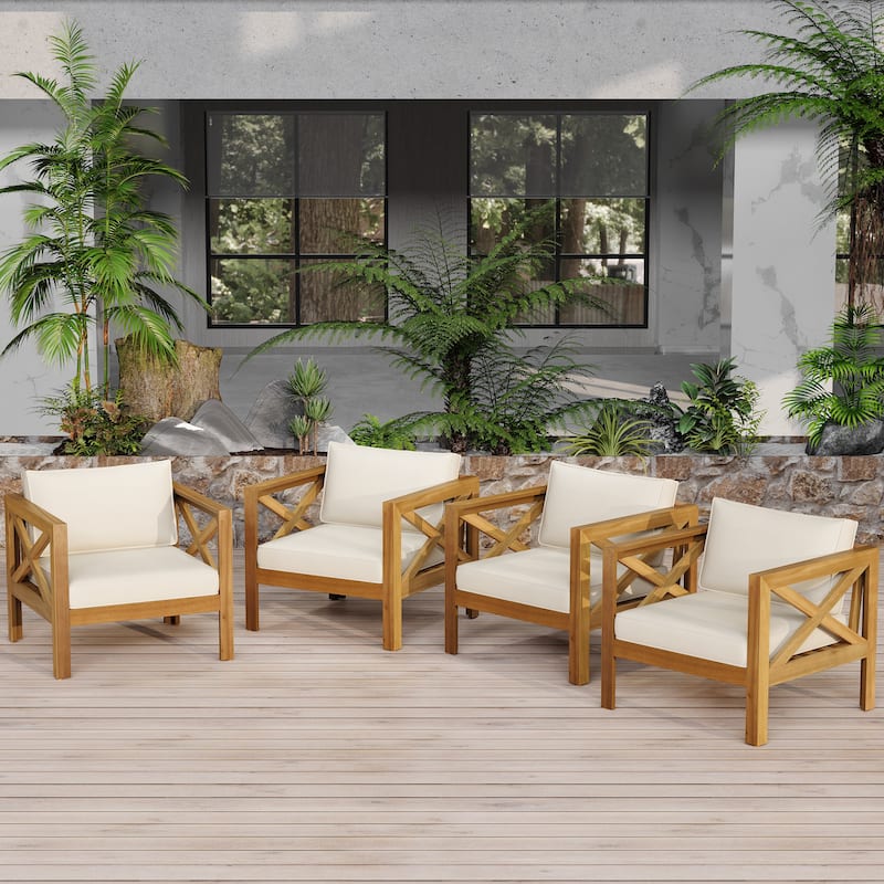 Christopher Knight Home - Caledon Patio Acacia Wood Club Chairs with Cushions(Set of 4) - Teak Finish+Beige Cushion
