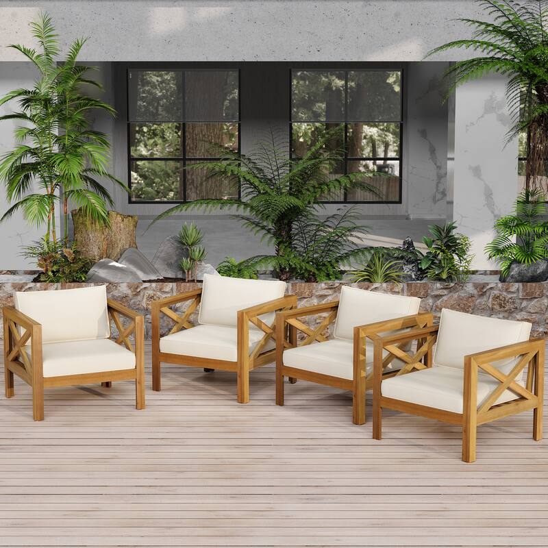 Premium Acacia Armchair Set (4-Piece) • Teak-Effect Coated Frames With All-Weather Cushions . - Beige,Teak