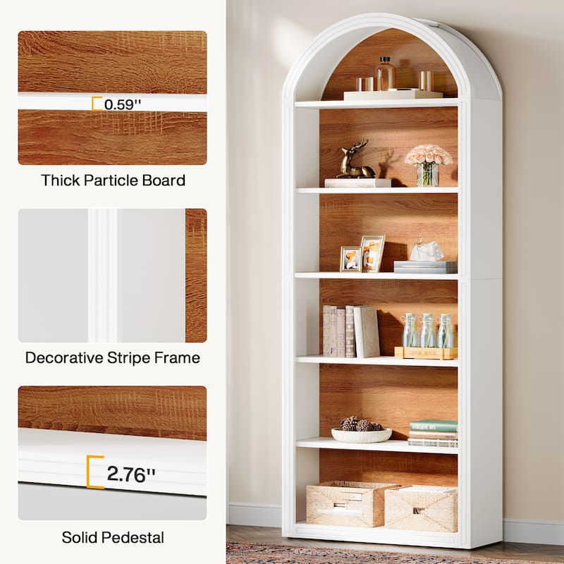 6-Tier Tall Arched Bookshelf for Living Room, Bedroom - 11.81"D x 31.5"W x 75.98"H