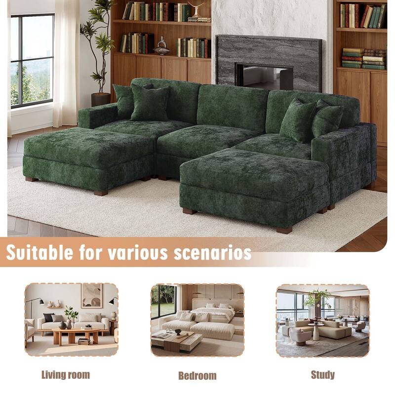 Oversized Chenille Modular Sectional Sofa Conversation Set with 2 Ottomans