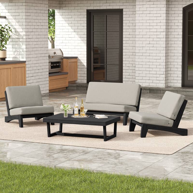 4 Set Outdoor Patio Teak Wood Club Chairs Loveseat with Coffee Table - Light Camel - BlackFrame