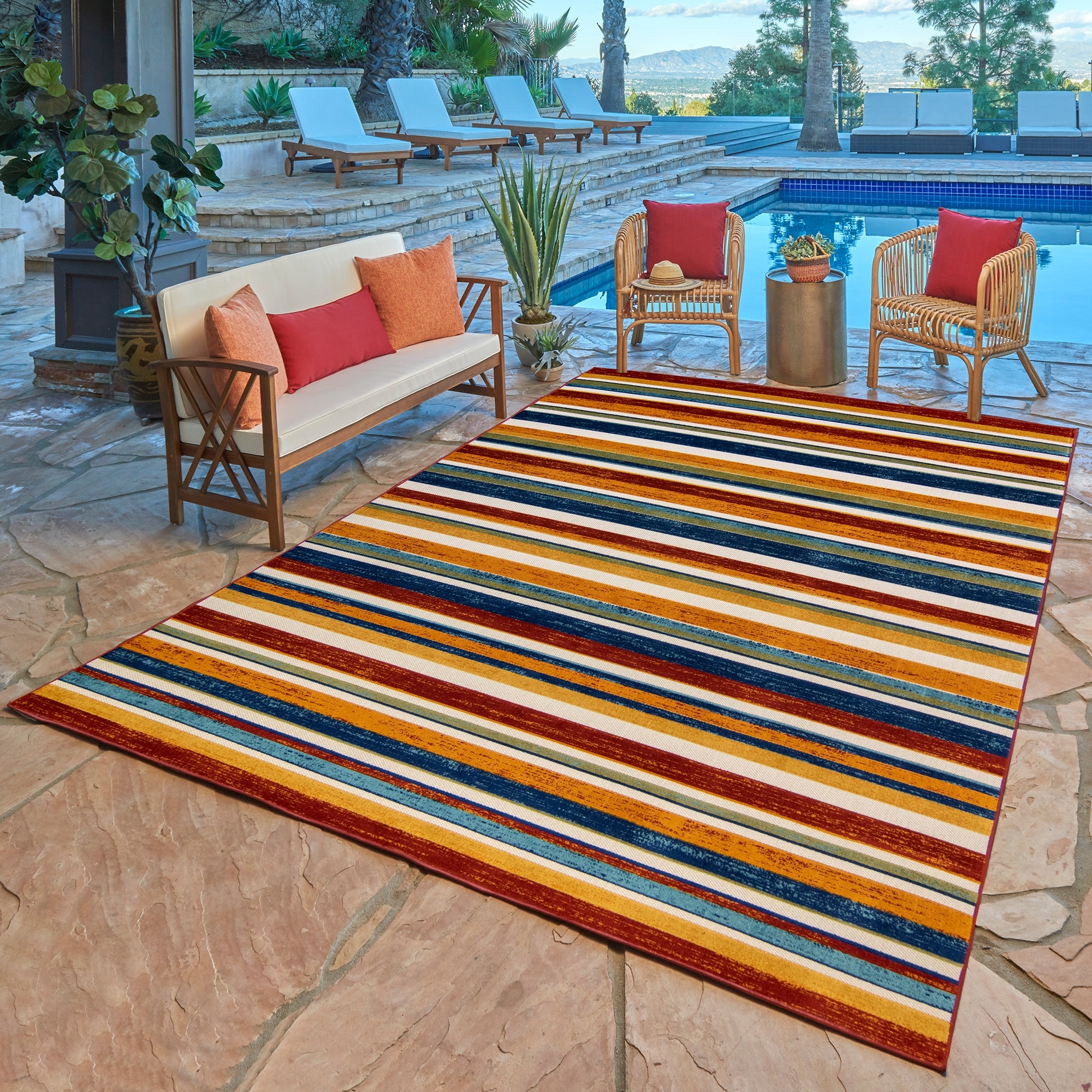 Gertmenian Fosel Muxia Red Multi Modern Stripe High-Low Indoor/ Outdoor Area Rug