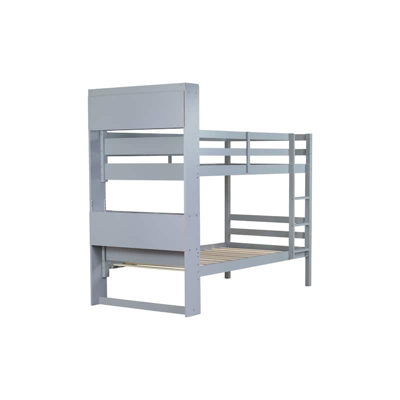 Convertible Twin Over Twin Bunk Bed with Shelves, Safety Rails & Ladder - Grey Rubber Wood