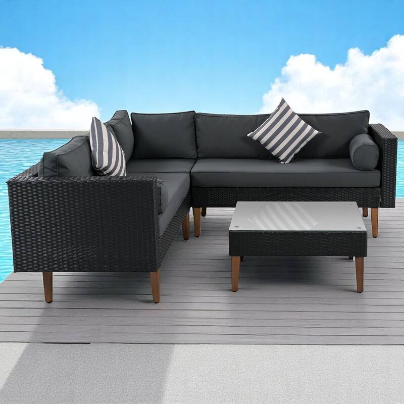 4-Piece Outdoor Wicker Sofa Set with Coffee Table, Waterproof and Rattan Patio Conversation Set with Cushions and Pillows